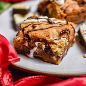 A close up of one peppermint bark blondie