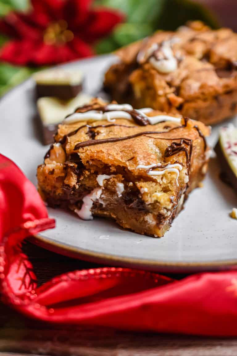 A close up of one peppermint bark blondie