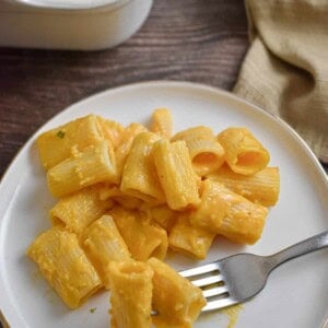 The butternut squash mac and cheese is on a plate next to the pan.