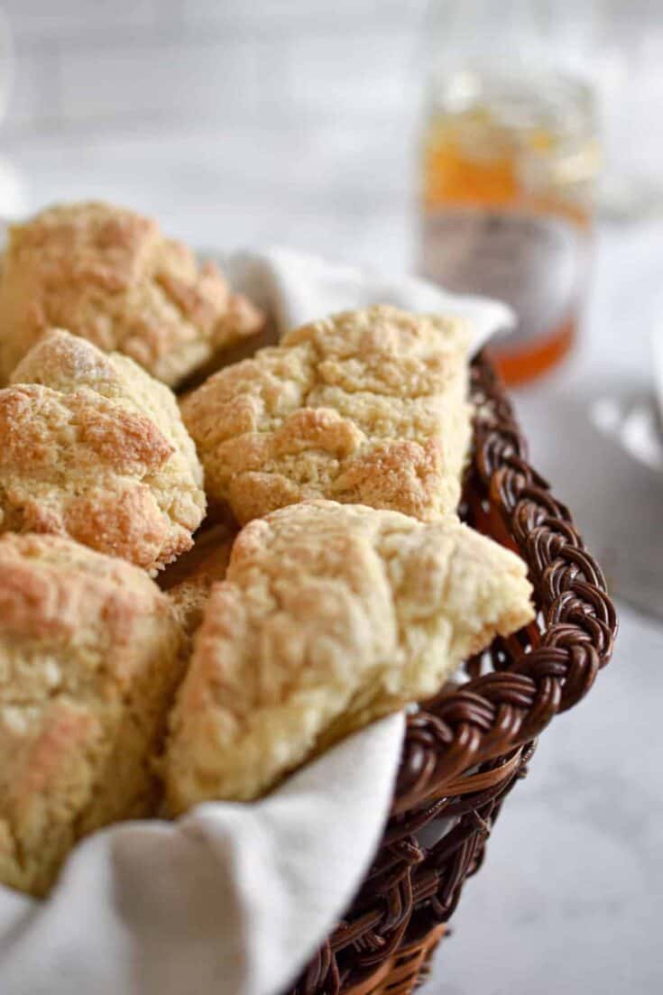 Mini Sourdough Discard scones laid out in a basket