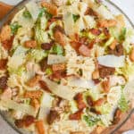 close up shot of the chicken and bacon caesar pasta salad