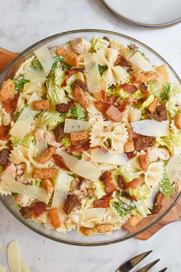 close up shot of the chicken and bacon caesar pasta salad