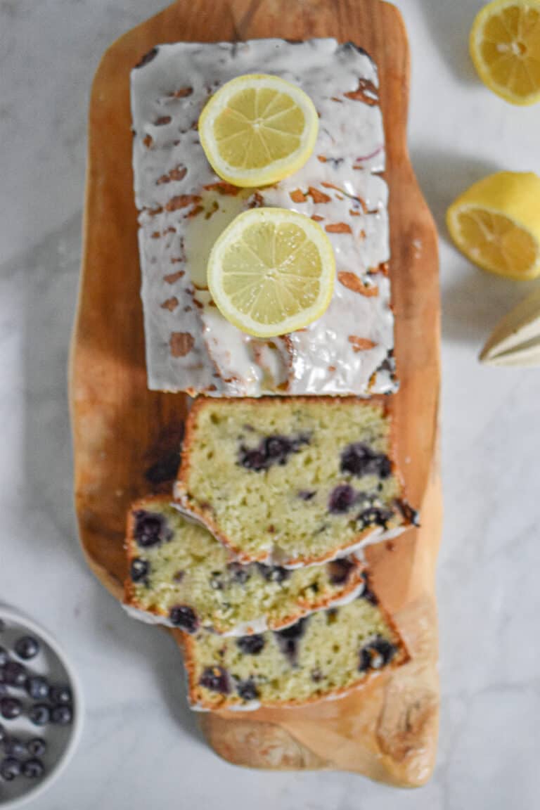 A view from above of the Lemon and blueberry zucchini bread with lemon icing