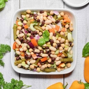 A square plate holds the 10 minute four bean salad