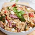 a close up of the grilled vegetable quinoa salad