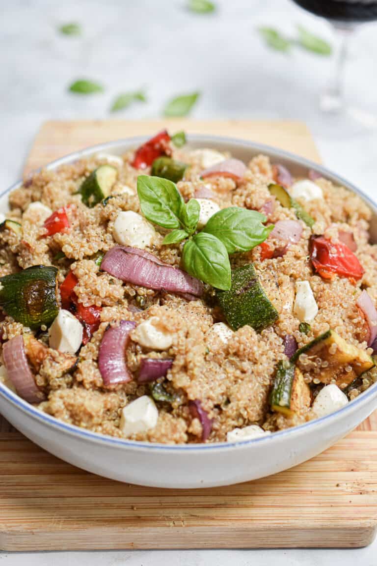 a close up of the grilled vegetable quinoa salad