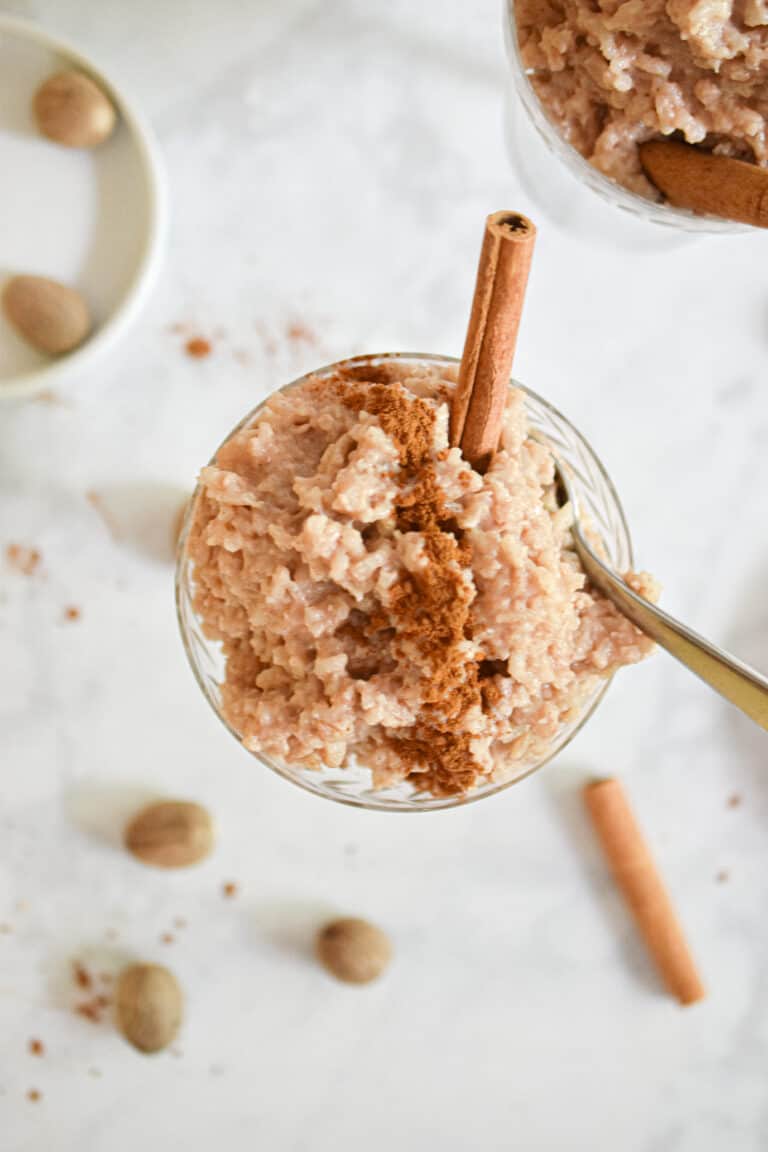 An overhead shot of the vegan instant pot rice pudding