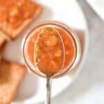 An overhead shot of the Instant Pot Peach Jam on a spoon
