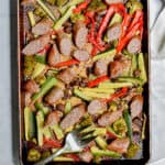 A view from above the sheet pan brats with roasted vegetables