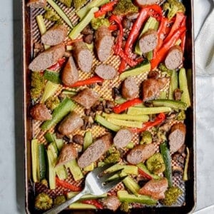 A view from above the sheet pan brats with roasted vegetables