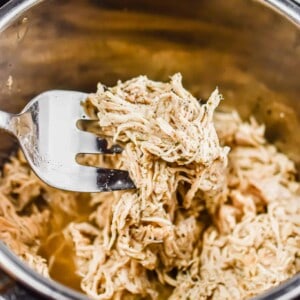 A fork is holding the instant pot shredded chicken breast
