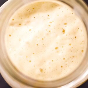 An overhead view of a freshly fed sourdough starter. It shows the correct way to keep a sourdough starter