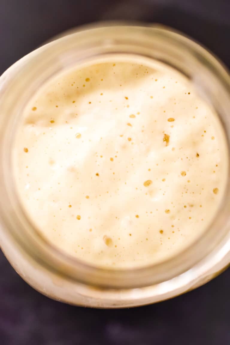 An overhead view of a freshly fed sourdough starter. It shows the correct way to keep a sourdough starter