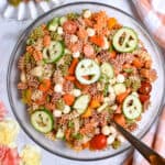 An overhead shot of the Halloween pasta salad