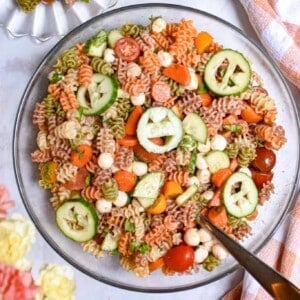 An overhead shot of the Halloween pasta salad