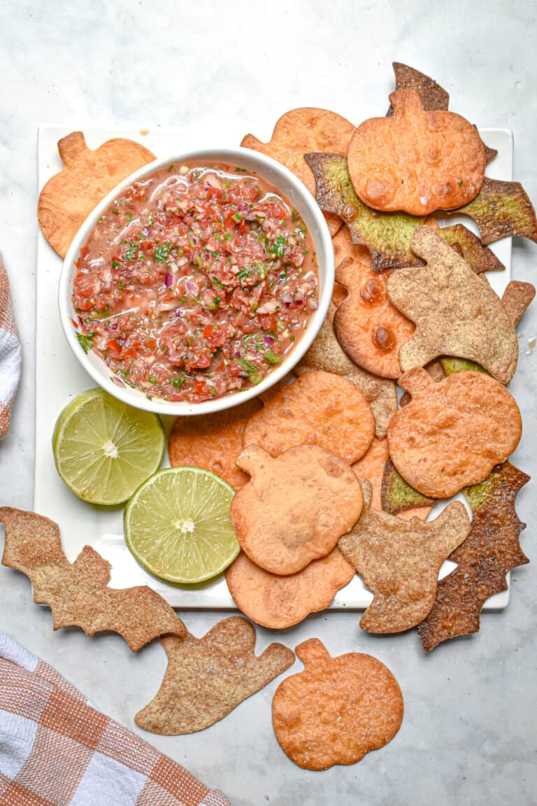 An overhead shot of the chips surrounding a bowl of salsa