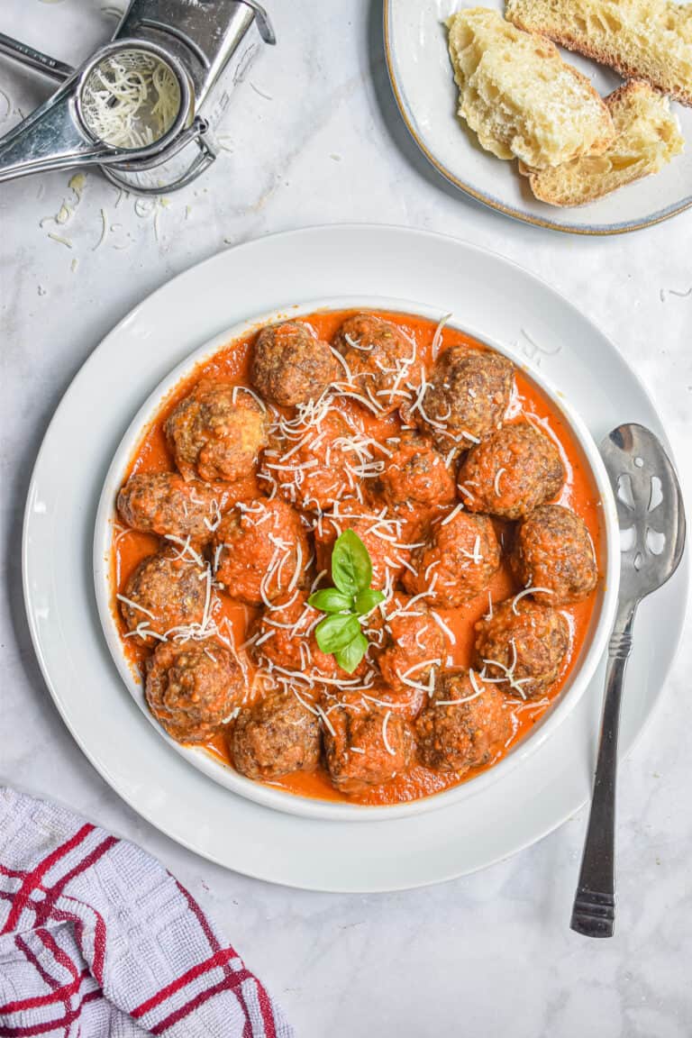 An overhead shot of a bowl of meatballs