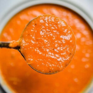A ladle is lifting the marinara sauce out of the bowl