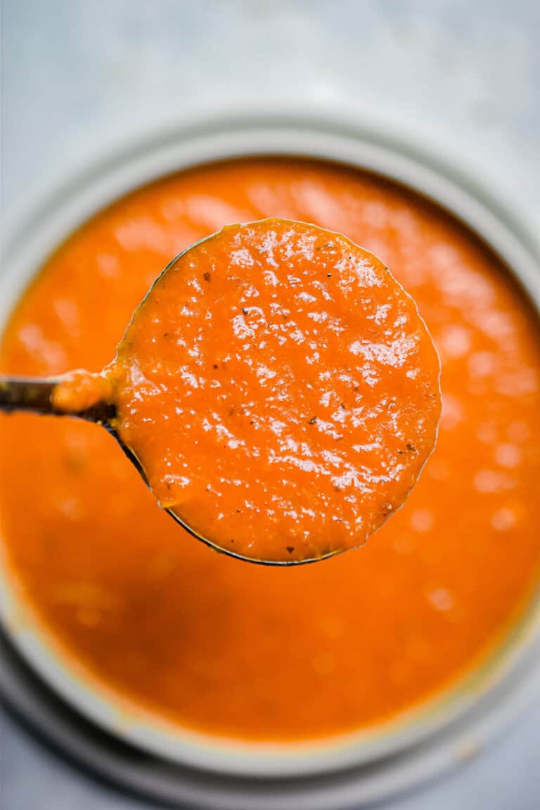 A ladle is lifting the marinara sauce out of the bowl