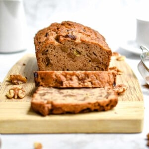 A straight on shot of the banana bread sliced