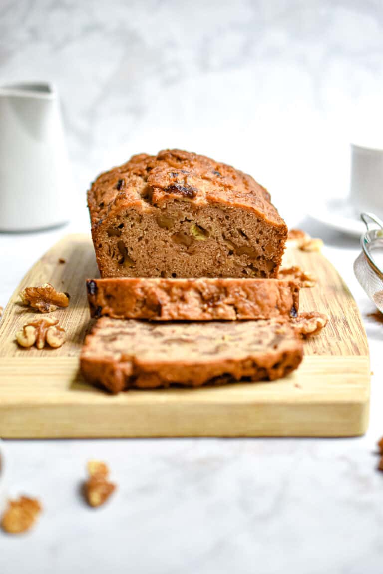 A straight on shot of the banana bread sliced