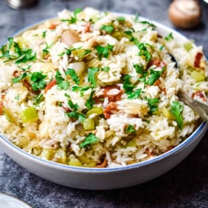 A straight on view of the rice dressing in a bowl