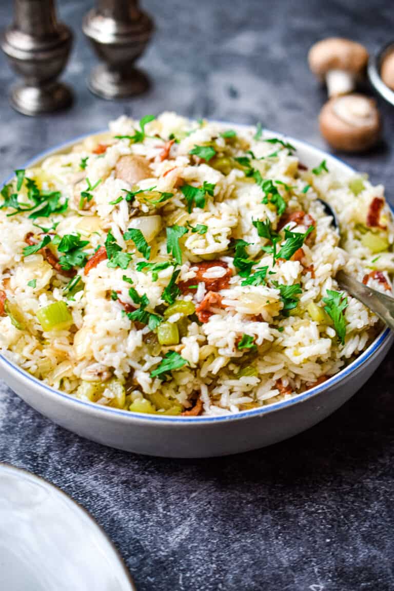 A straight on view of the rice dressing in a bowl