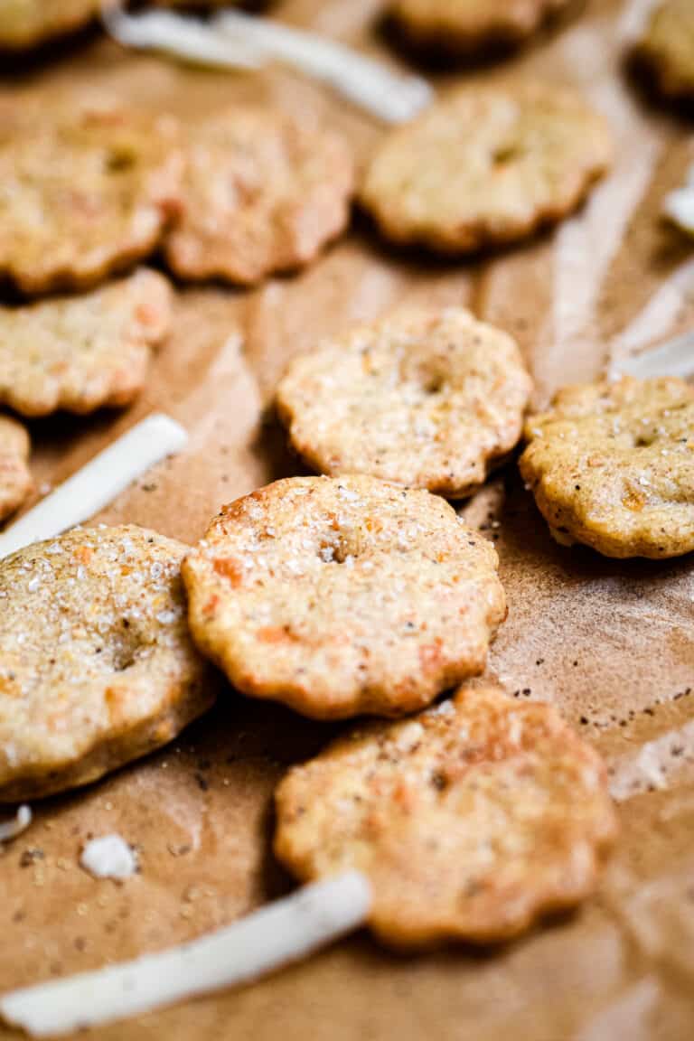 A close up of the sourdough discard cheese crackers