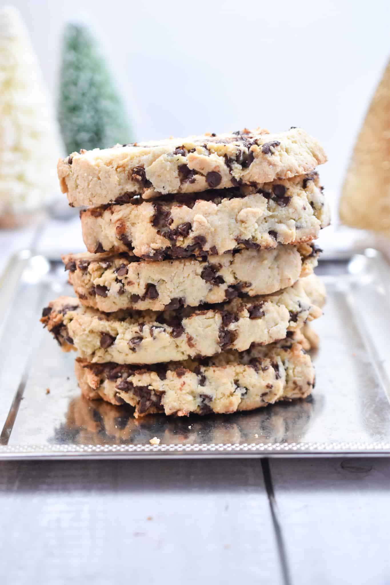 A stack of sourdough biscotti are on a metal plate
