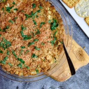 An overhead view of the baked clam dip