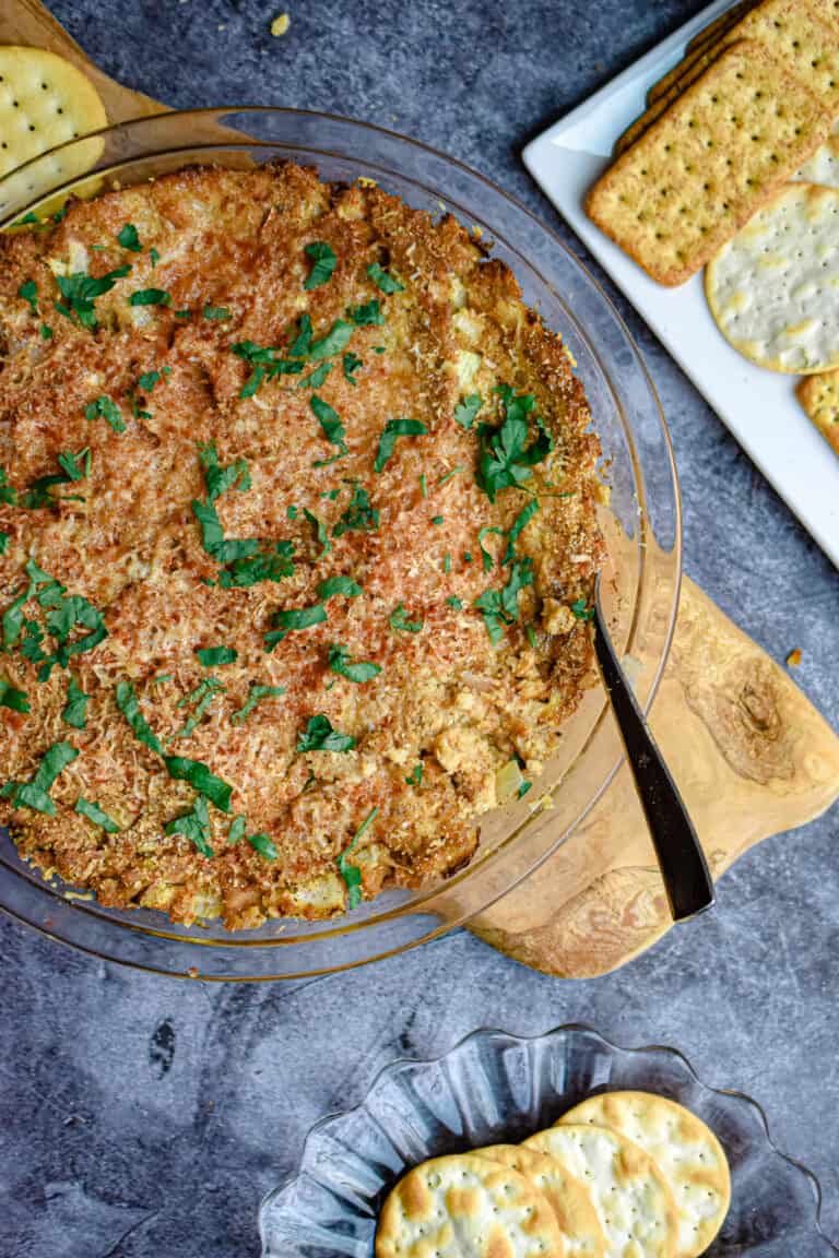 An overhead view of the baked clam dip