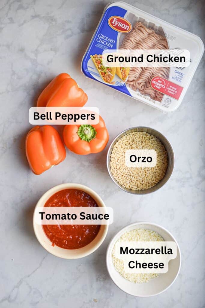 The chicken parmesan stuffed peppers are laid out and labeled.