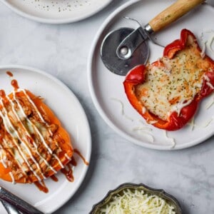 An overhead view of the cooked bell pepper pizzas