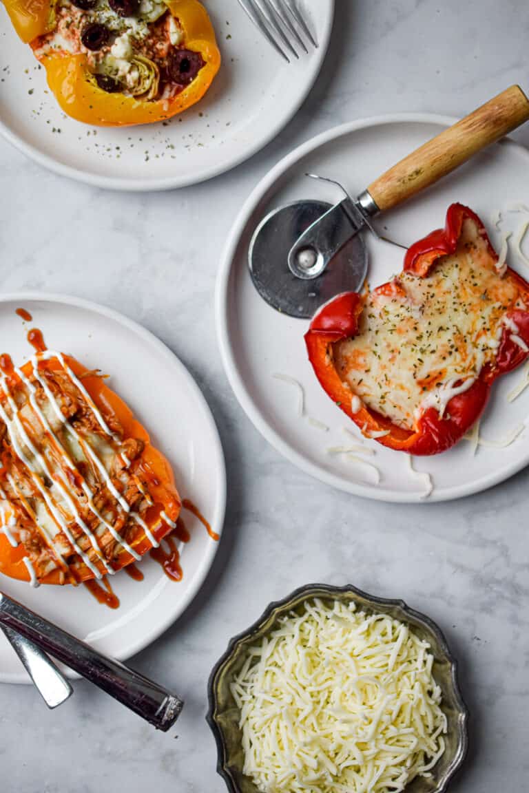 An overhead view of the cooked bell pepper pizzas