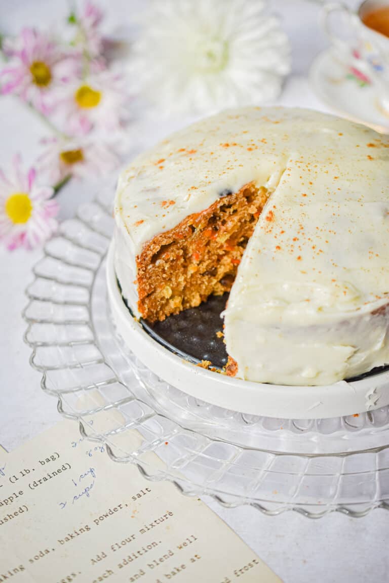 A piece of the instant pot carrot cake is cut out