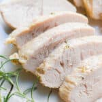 A close up shot of the sliced turkey tenderloins.