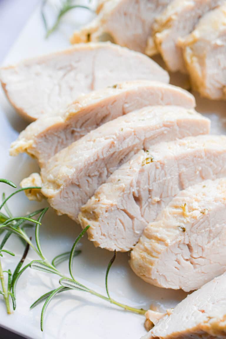 A close up shot of the sliced turkey tenderloins.
