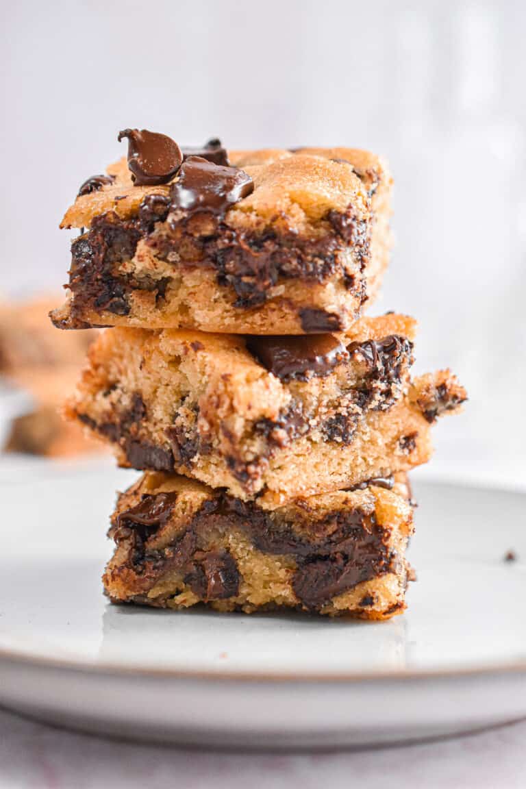 A close up of the stacked sourdough blondies.