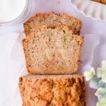 An overhead shot of a slice of the sourdough zucchini bread.