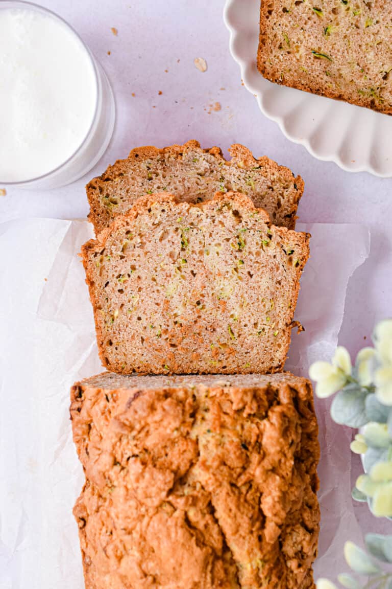 An overhead shot of a slice of the sourdough zucchini bread.