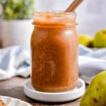 A straight on shot of the Instant Pot Pear Butter in a jar.