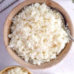 An overhead shot of a bowl of rice.