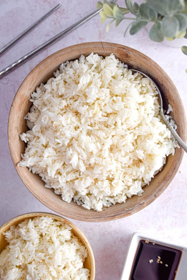 An overhead shot of a bowl of rice.