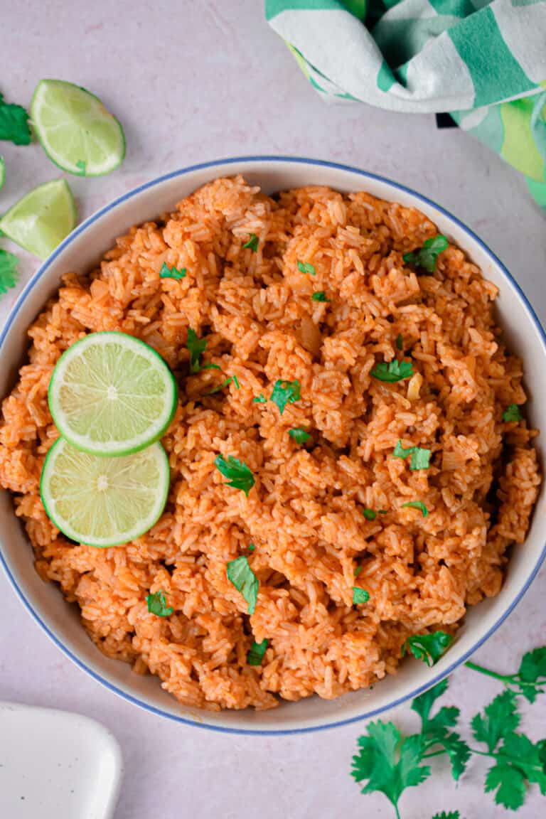 An overhead shot of the bowl of Instant Pot Mexican Rice.