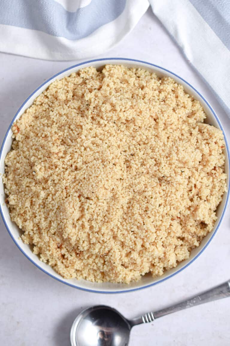 An overhead shot of a bowl of instant pot couscous
