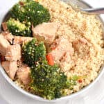 A close up overhead shot of the instant pot chicken and broccoli