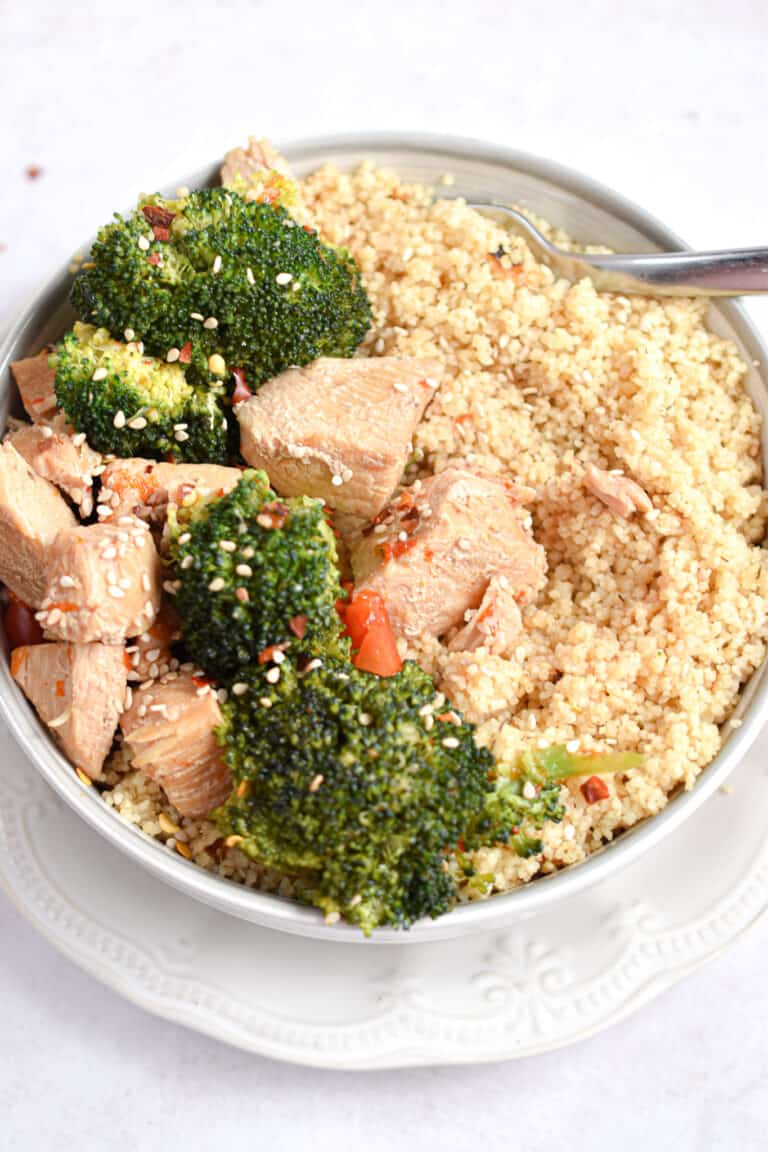 A close up overhead shot of the instant pot chicken and broccoli