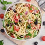 An overhead shot of the linguine pasta salad.