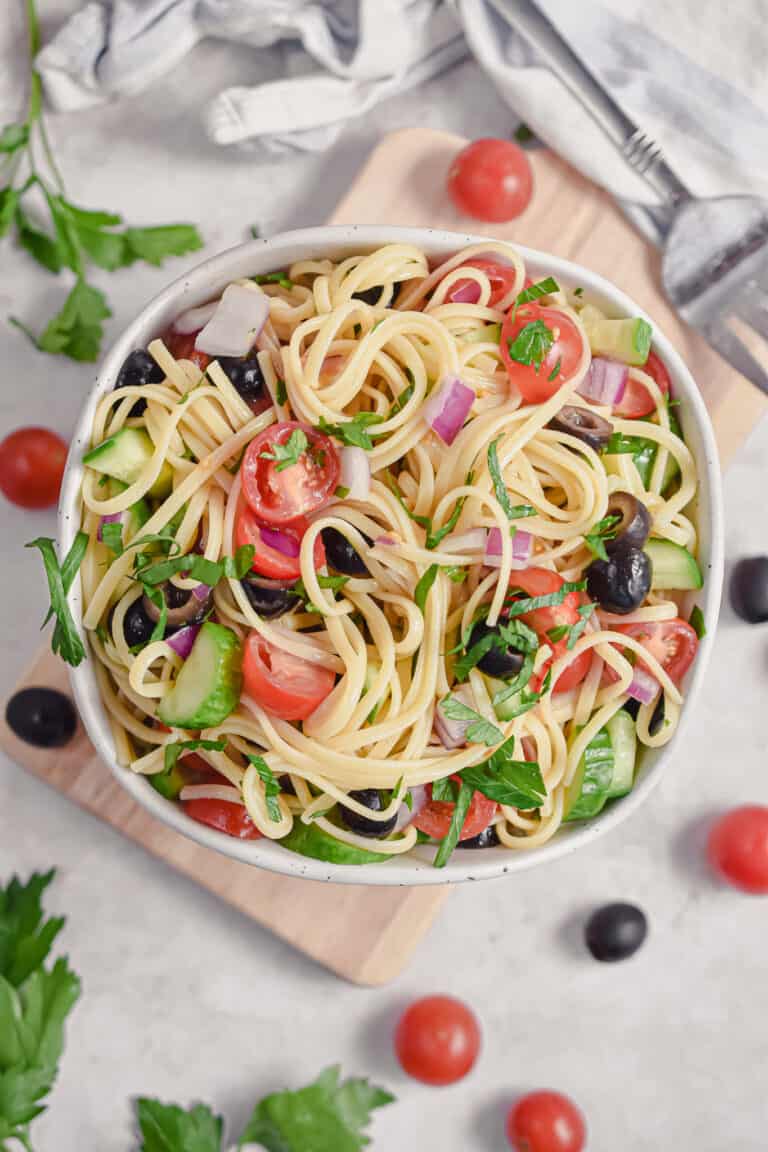 An overhead shot of the linguine pasta salad.
