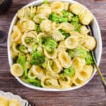 An overhead shot of the Italian pasta with broccoli.